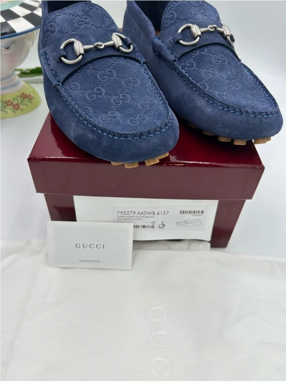 Men’s Gucci GG embossed blue suede driver loafer size 9 fits 10 US made in Italy